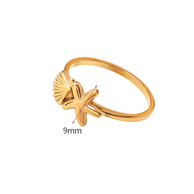 Venta al por mayor Anillo de concha de estrella de mar chapado en oro de 18k de acero inoxidable